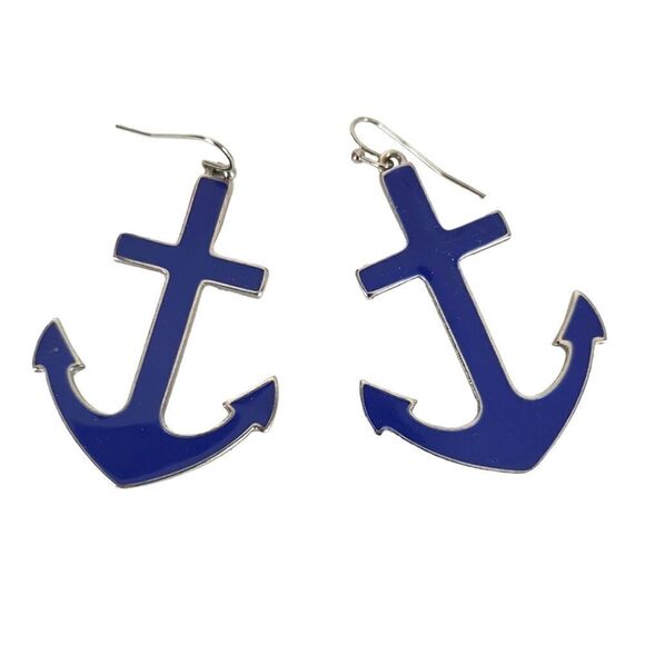 𝅺Anchor Pierced Earrings Enamel Blue & Silver - Picture 1 of 5